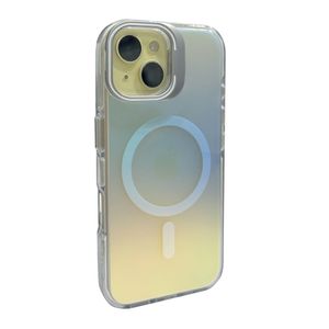 Case para iPhone 13/14 con Magsafe para carga inalámbrica, soporte en la cámara, color tornasolado con borde blanco