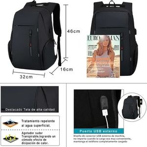 Mochila con laterales, USB, diseño ergonómico, negro