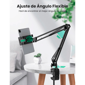Soporte ajustable para teléfono y tablet, brazo extensible 65cm, giro 360°, compatible con dispositivos de 4" a 12.9", negro