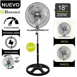 Ventilador 3 en 1 piso, pared y mesa, Bossko, sistema giratorio 180°,negro