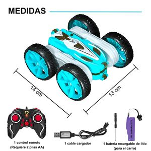 Carro acrobático, control remoto, gira 360º, luces LED, cian