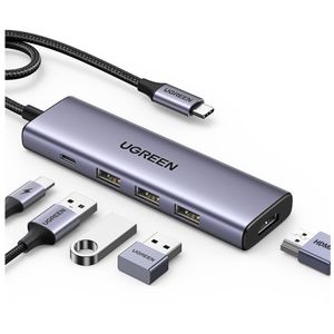 Adaptador USB Hub Ugreen 5 en 1 Tipo C, salida HDMI 4K 30Hz, USB PD & Triple USB A