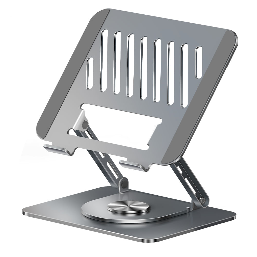 Soporte para laptop Coolbox Teraware 17"", abatible y rotatorio 360°, diseño ergonómico en aluminio plateado, base estable y antideslizante, plateado