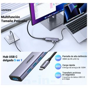 Adaptador USB-C 5 en 1 UGREEN, 15597, HDMI 4K 60Hz, USB 3.0, transferencia rápida