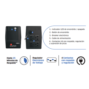 UPS Smartbitt, Smart Interactivo, de 4 tomas, 800 VA/400W, SBNB802, negro
