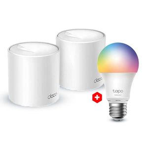 Combo: Sistema Mesh TP-Link Deco X10 AX1500, 1201 Mbps 5GHz y 300 Mbps 2.4 GHz, blanco + Foco inteligente Tapo L530E bombilla E27, luces multicolor