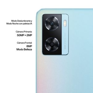 Celular OPPO A77 4G, 6.56", 128GB, 4GB RAM, cámara principal 50MP + frontal 8MP, azul