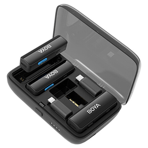 Micrófono inalámbrico BOYALINK, doble canal, reducción de ruido, batería 10 horas, 100 metros, USB-C, Lightning, estuche de carga