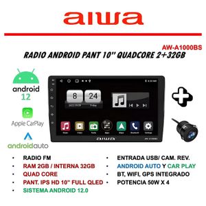 Autoradio Aiwa Quadcore Android Auto/Carplay, pantalla IPS HD 10", táctil, BT/GPS/USB, + Cámara reversa AW-A1000BS, negro