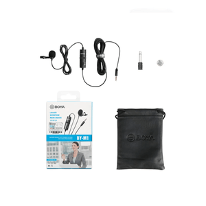 Micrófono BOYA BY-M1, Lavalier, omnidireccional, cable 6 metros, TRRS 3.5mm, batería LR44, compatible con cámaras y smartphones, negro