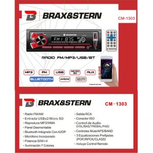 Autoradio BRAX&STERN CM-1303, bluetooth, USBx2, micro SD, FM/AM, 50W x4, panel desmontable, 7 colores, negro