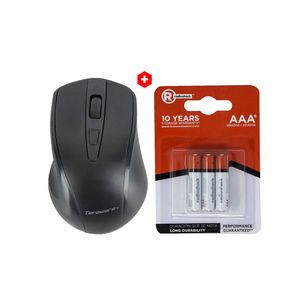Mouse inalámbrico Teraware 4W019, receptor usb, 1600 dpi, 4 botones, usa pilas, negro + Pilas alcalinas Radioshack AAA x6