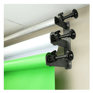 Portafondos empotrable para 3 fondos fotográficos, montaje en techo o pared, con cadenas y pesas, negro