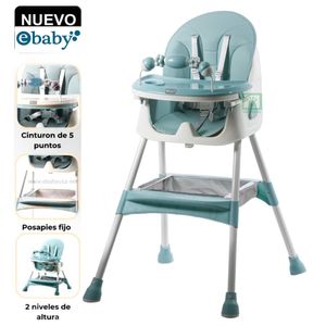 Silla de comer Ebaby Lulu, plegable, doble bandeja, sistema 5 puntos, tela impermeable, verde