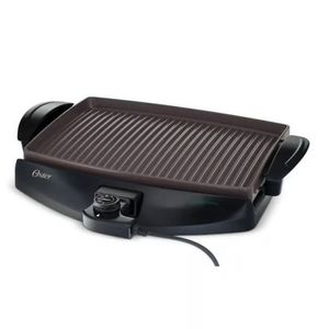 Parrilla eléctrica Oster CKSTGR4768, superficie Bioceramic, 1150W, ranuras antigrasa, cerámica, compacta, negra