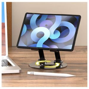 Soporte tablet aluminio 360°, base plegable, altura ajustable, disipación de calor, ergonómico, compatible iPad, negro