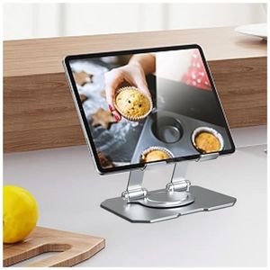 Soporte tablet aluminio 360°, plegable, altura ajustable, ventilado, ergonómico, compatible iPad/celular, plateado