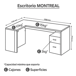 Escritorio Kava Montreal Rústico, 2 cajones, superficie lateral, MDP 15 mm, armado fácil