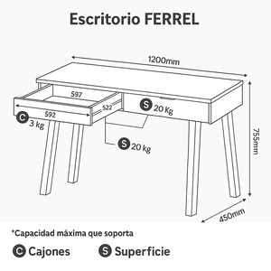 Escritorio Kava Ferrel almendra, 2 cajones metálicos, MDP 15 mm, armado fácil, diseño compacto