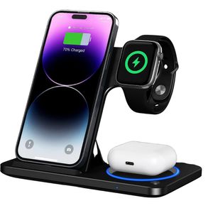 Estación de carga inalámbrica 3 en 1, 15W, para iPhone, Apple Watch y AirPods, soporte con luz, negro