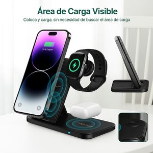 Estación de carga inalámbrica 3 en 1, 15W, para iPhone, Apple Watch y AirPods, soporte con luz, negro