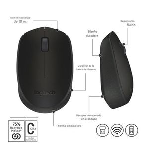Reacondicionado: Mouse inalámbrico Logitech M170, 3 botones, usa pilas, negro