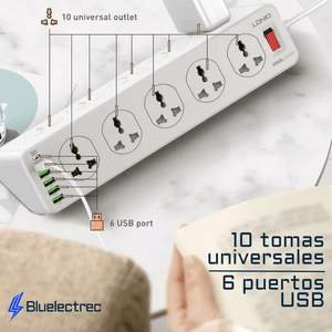 Extensión toma corriente LDNIO SC10610, 10 tomas universales, 6 USB, USB-C QC 3.0, 2500W, cable 2m, protección múltiple
