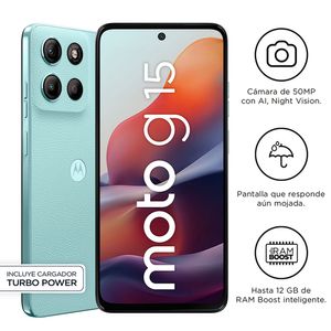 Celular Motorola Moto G15 4G 512GB, 4GB RAM, cámara principal 50MP + 5MP, frontal 8MP, 6.72", celeste