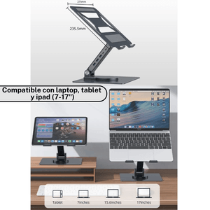 Soporte multifuncional para laptop 17" Vilbon, giro 360°, 5 puertos USB, gris