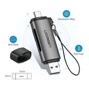 Lector de tarjetas Ugreen 2 en 1, USB-A/USB-C 3.0, OTG, SD y MicroSD, gris