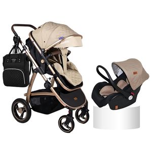 Coche moisés con porta bebé Speed Prince, mango de cuero, beige