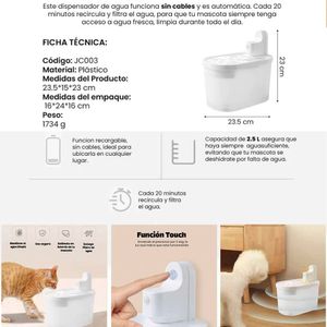 Dispensador de agua automático recargable para mascotas 2.5 litros, filtrado, recirculación cada 20 minutos