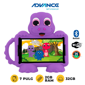 Tablet Advance Kids 7" IPS Android 14, 4G Dual SIM, 2GB RAM, 32GB, morado + Mochila
