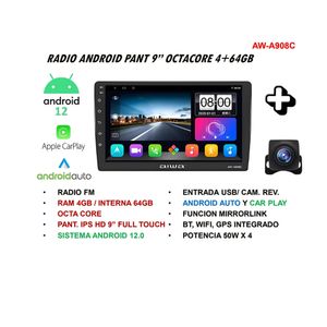 Autoradio Android 2 Din Hd 9'' Wi-Fi, GPS, 4GB + 64GB, negro