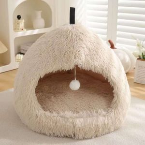 Camita cueva para mascotas grande, suave y acogedora, ideal para gatos y perros pequeños, beige