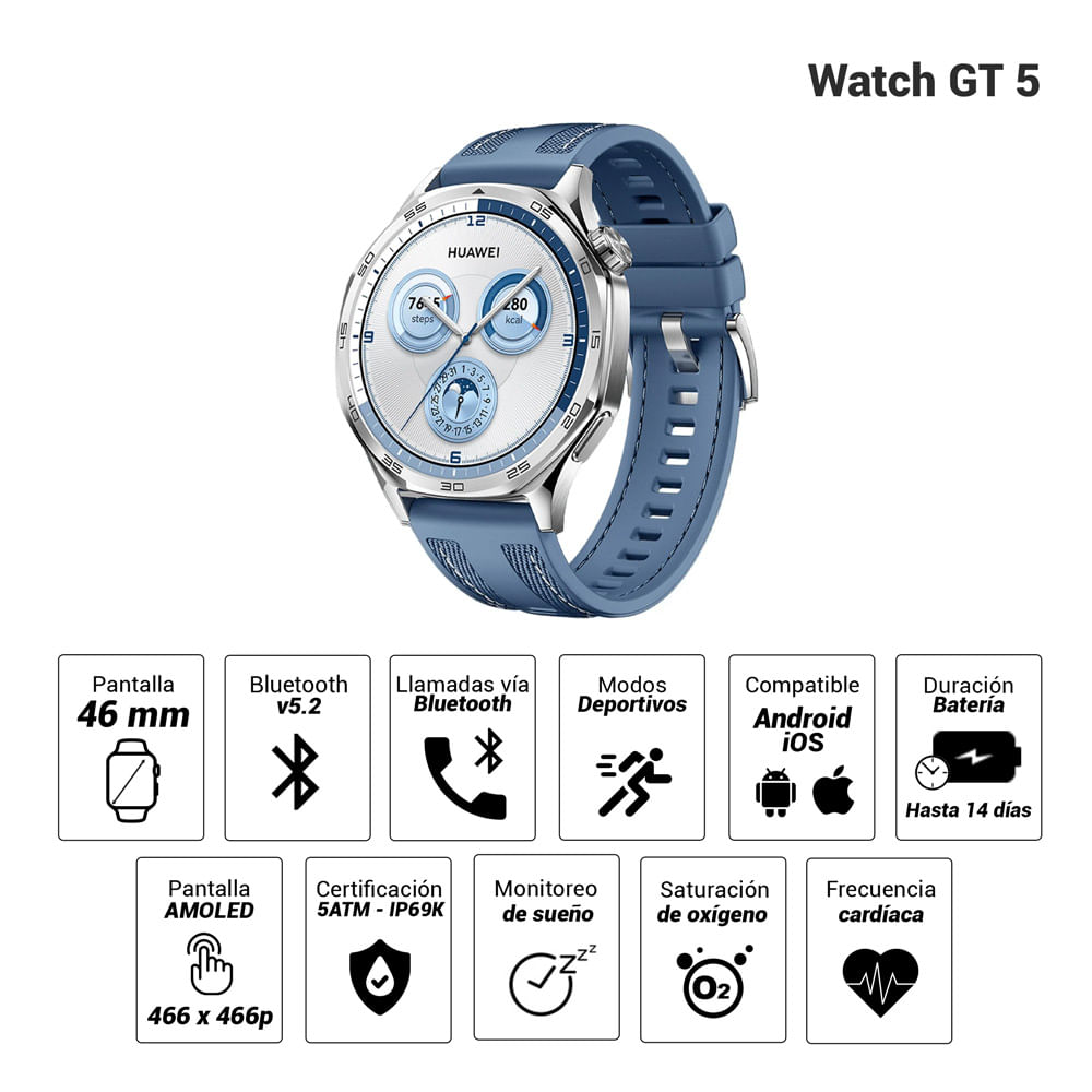 Smartwatch Huawei GT 5, 46mm, GPS, AMOLED, 5ATM, azul Coolbox