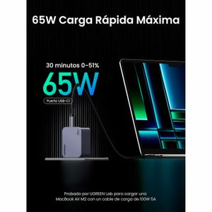 Cargador Ugreen, Nexode Pro, 65W, carga rápida, 3 puertos, tecnología GaN, MacBook, USB-C
