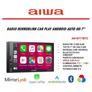Autoradio  Aiwa Hd 7" Full Touch, 2 Din, Carplay, Android Auto, Mirrorlink, negro