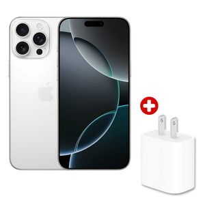 iPhone 16 Pro Max eSIM 5G 256GB, 8GB RAM, cámara principal 48MP, frontal 12MP, 6.9", White Titanium + cargador Apple 20W
