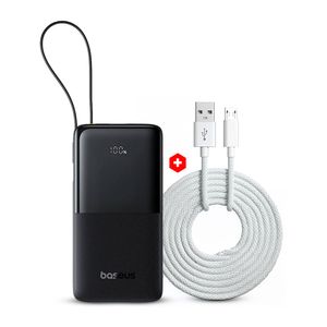 Batería externa Baseus Bipow 2 10000 mAh, 20W, cable USB Tipo-C integrado, negro + Cable G Mobile tipo-C A USB, 1m, 18W, trenzado, blanco