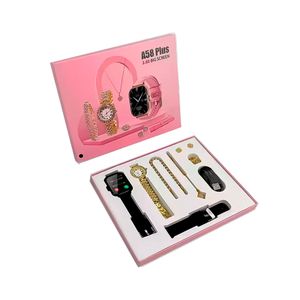 Combo 9 en 1 Smartwatch A58 Plus + Reloj Análogo + Aretes + Collar + Pulsera – Negro