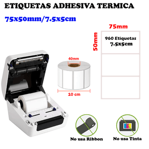 2 rollos de 960 etiquetas térmicas adhesivas 75x50mm blanco, resistentes y ecológicas