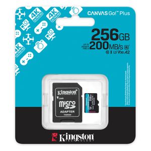 Tarjeta MicroSDXC Kingston Canvas Go Plus Gen4 256GB U3 V30 A2, alta velocidad, ideal para video 4K, apps móviles y drones, incluye adaptador SD