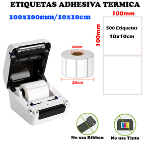 Pack de 3 rollos, etiqueta térmica adhesiva, 10x10 cm, 500 etiquetas por rollo