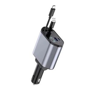 Cargador retráctil para auto, 120W, 4 en 1, con cables Lightning y tipo C, carga rápida