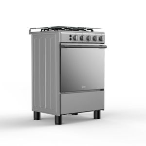 Cocina a gas Midea 24” con 4 quemadores, horno, puerta espejo y tapa de vidrio, silver