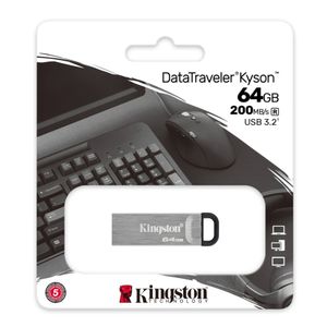 Memoria USB Kingston DataTraveler Kyson 64GB, USB 3.2, 200MB/s, diseño metálico