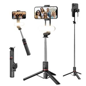 Trípode Selfie Stick 5 en 1 con luz LED, bluetooth, 110 cm, giratorio 360°, negro