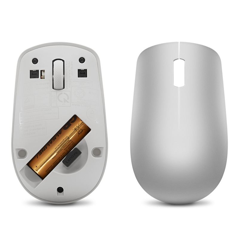Mouse inalámbrico Lenovo 530 1200 DPI gris vista inferior compartimento de batería y receptor USB 2.0