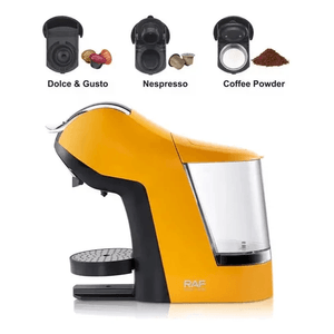Cafetera encapsulada 3 en 1 RAF R.1950, expresso, cappuccino y latte, 1400W, 1L, indicador de agua, amarillo